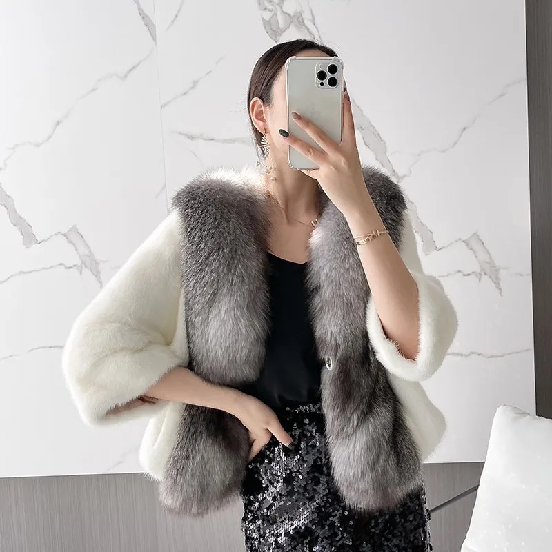 

Free shipping Fashion winter fox fur collar / trimming real mink fur women coat mink coats for woman genuine mink fur coat