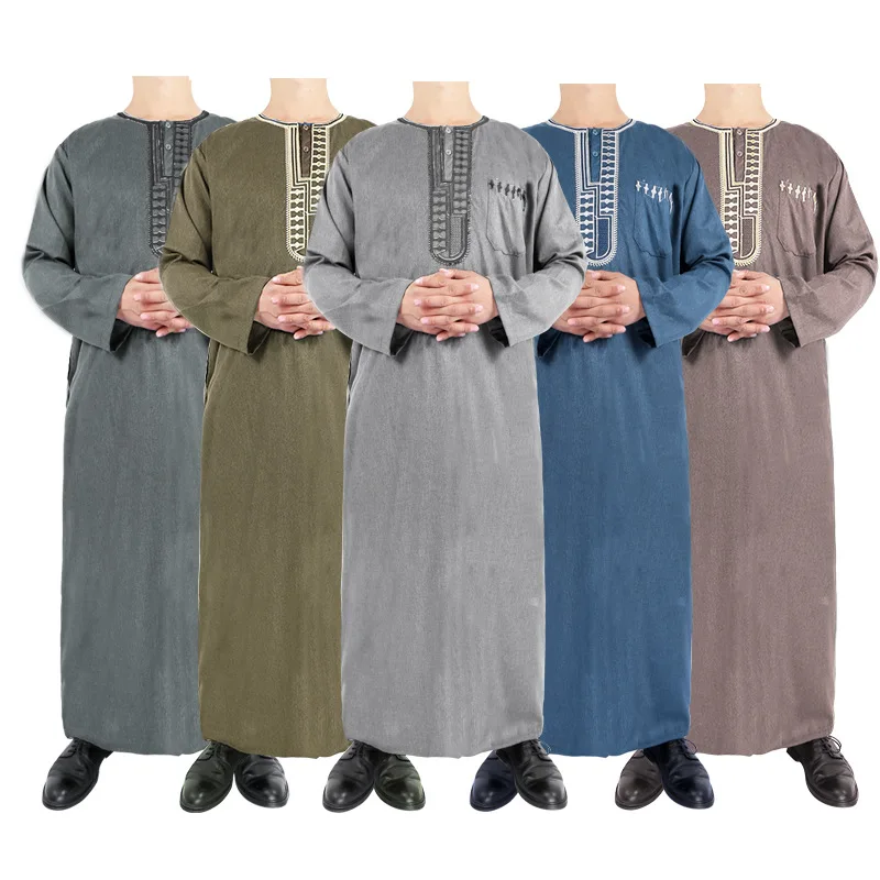 

Wholesale Muslim men's robes round neck embroidered long sleeves national costumes Islamic men's solid color worship clothes, 6 colors