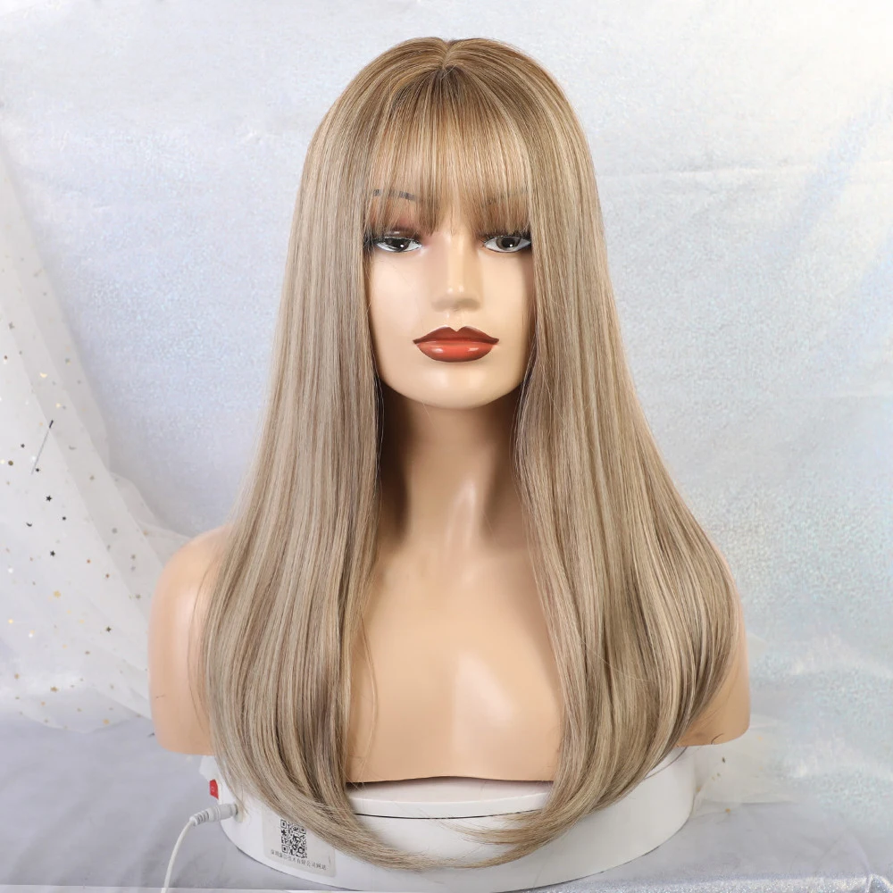 

Women Synthetic Hair Heat Resistant Long Ombre Blonde Black Brown Hair Wigs With Flat Bangs Straight False Hair