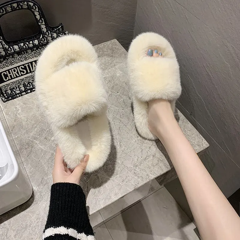 

Cheap Luxury Bunny Furry Faux Fur Slides For Ladies wholesale Women Flat Furry Slippers Plush Pink Indoor Fur Slides