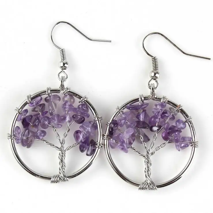 

XuQian Hot Sale Natural Stone Crystal Stone Life Tree Earring for Women, Picture
