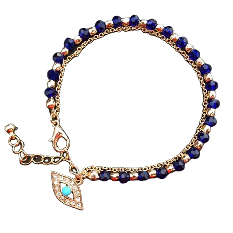 

Fashion Jewelry Blue Crystal Glass Fatimah Evil Eye and Palm Charm Beaded Bracelet for Women Girls, Gold