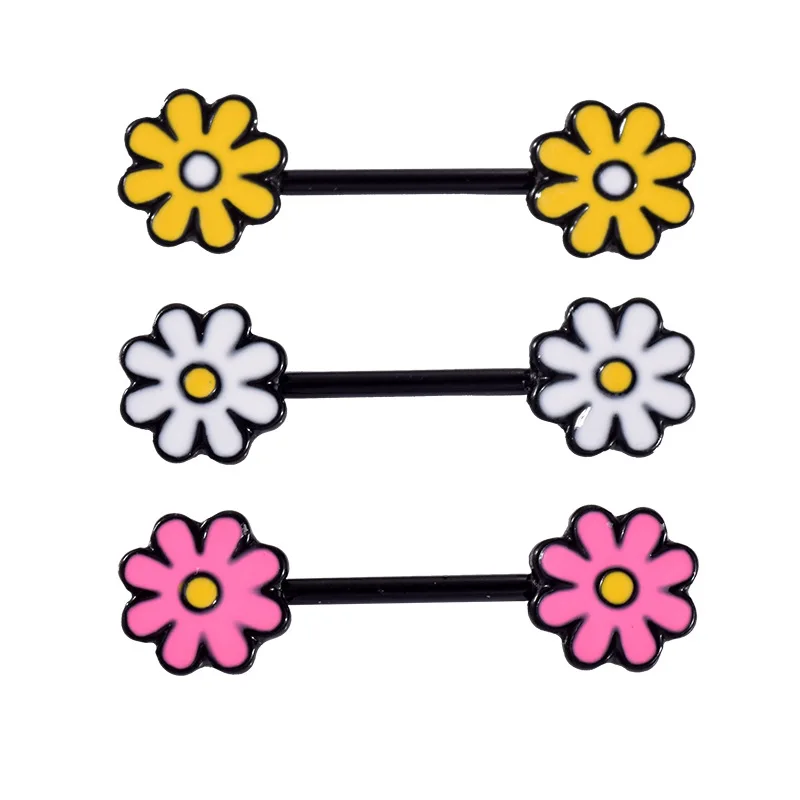 

Three color Stainless Steel oil dripping flower Nipple Ring for Women Barbell Piercing Body Plant Jewelry Ladies alloy Accessory