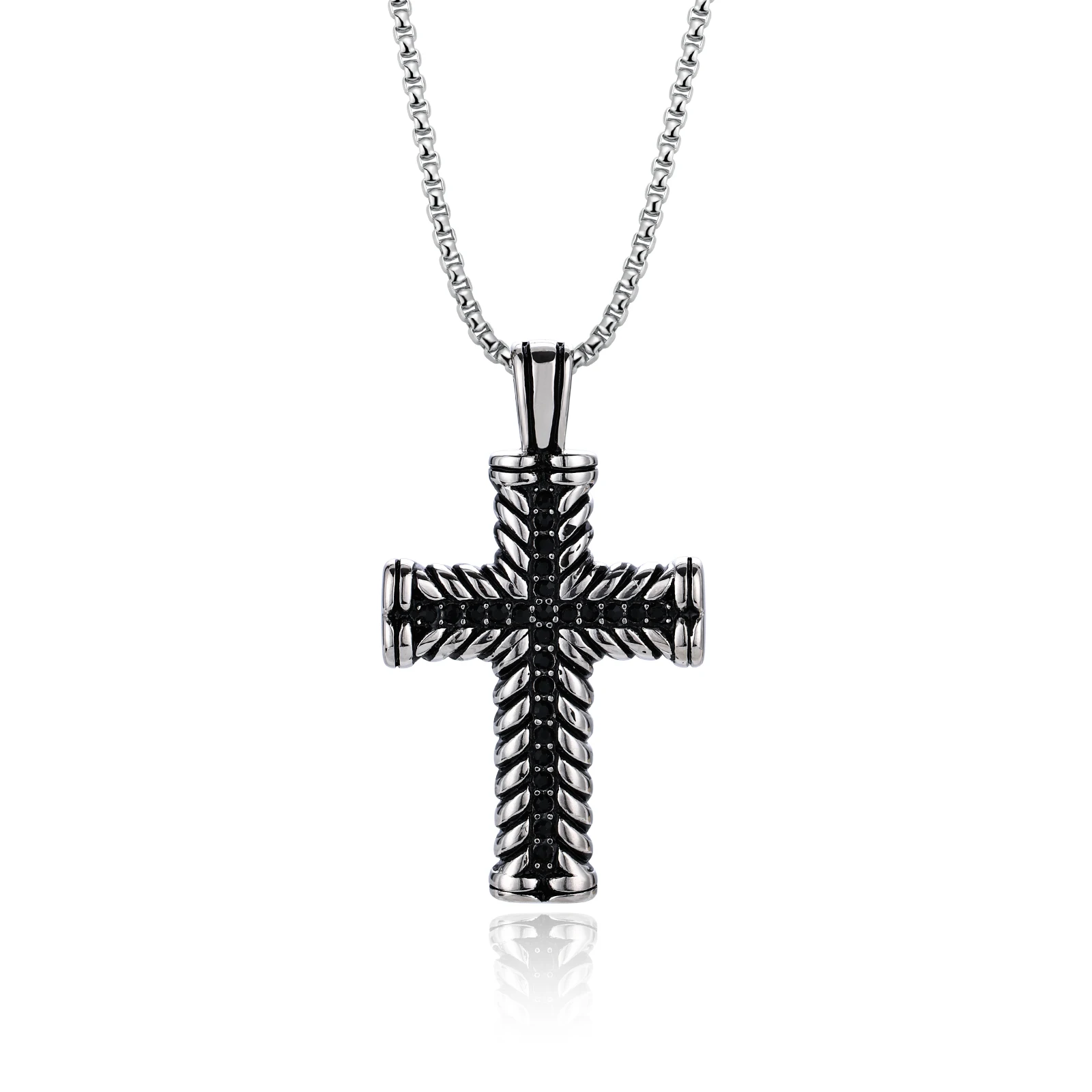 

Vintage Faith Christian Stainless Steel CZ Diamond Jesus Pendant Men Cross Necklace, Picture shows