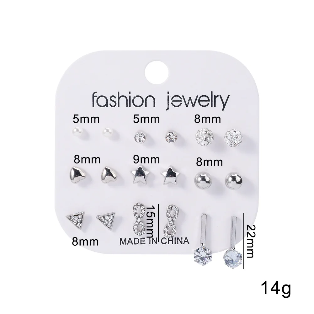 

wholesale 9 pairs zircon crystal heart pearl earrings triangle diamond earring star gold silver color simple jewelry set