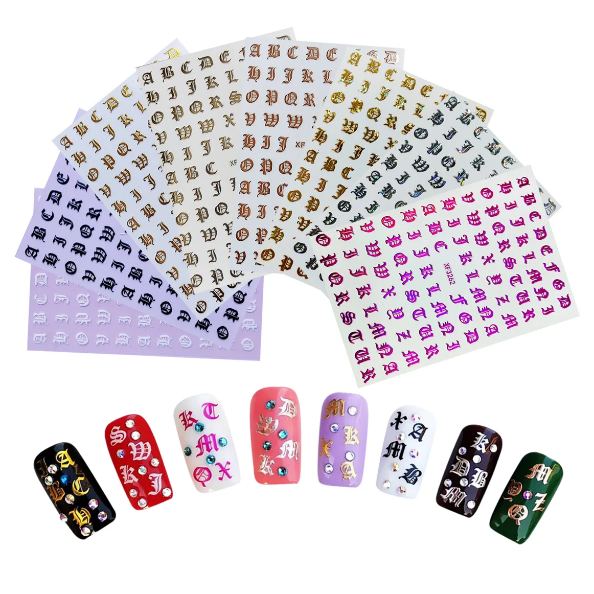 

2021 Hot Design Laser English Letters Sticker Retro Alphabet Nail Sticker For Nail Art Decoration, As picture