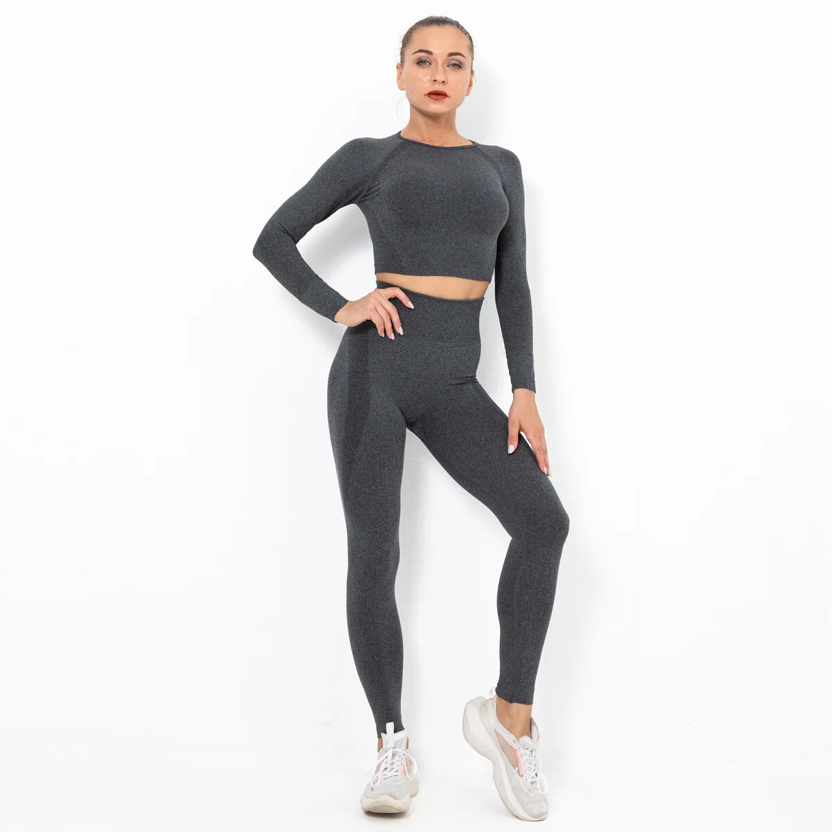 

BBLXF9165 Winter new knitted seamless gym wear high quality yoga wear set elastic women sportswear 2-piece set, Flare,gray,brown