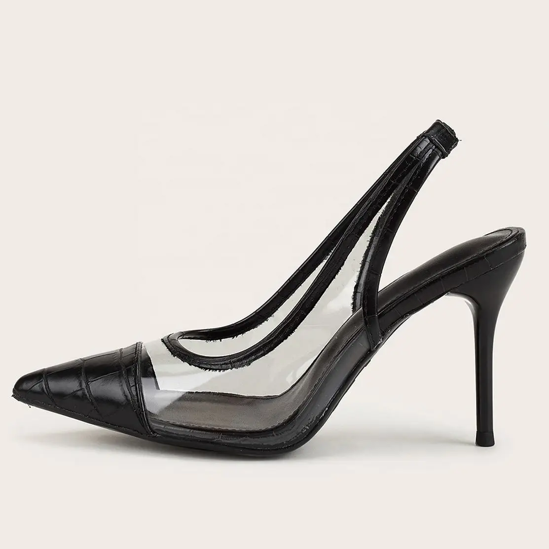 

Stone Print Clear Upper Thin Heel Slip-on Women Dress Shoes Slingback Back Strap Ladies Pointed Toe Dating Pump Fashion Sandals, Black,brown