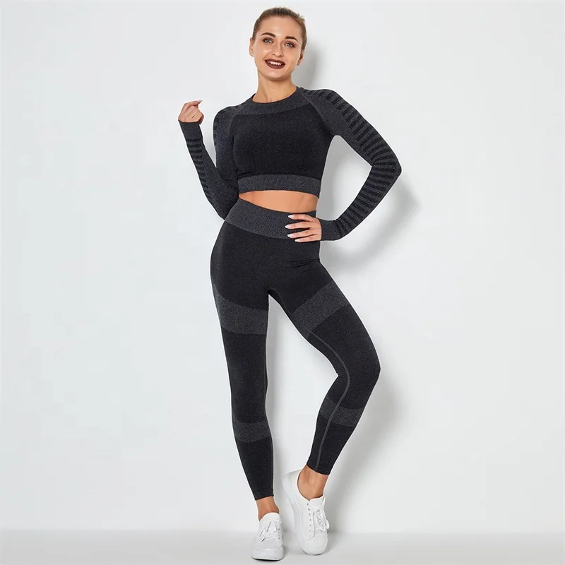 

Wholesale Fitness Clothing Long Sleeve High Waisted Seamless Sprots Yoga Pants Two Piece Set, 6 colors