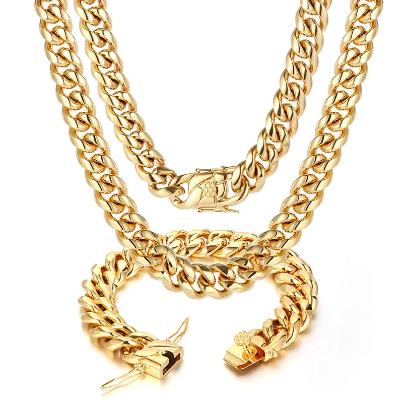 

Stainless Steel Men 18K PVD Miami Gold Link Chain Necklace Gold Cuban Chain, Silver/gold /rainbow/black