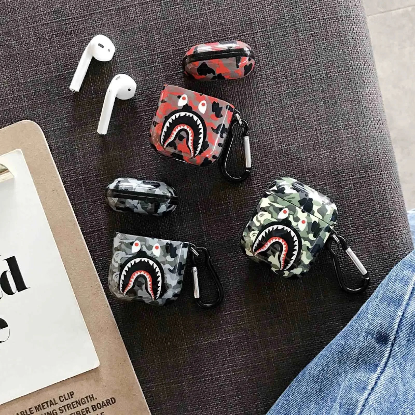 

Cool Shark Camo camouflage Earphone Soft Case for AirPods Pro 3 1 2, Silver purple red pink gold black