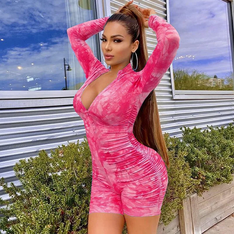 

Tie Dye Ruched Casual Biker Shorts Rompers Women Long Sleeve Workout Active Wear Skinny jumpsuit Fashion Bodycon 2021, Photo color
