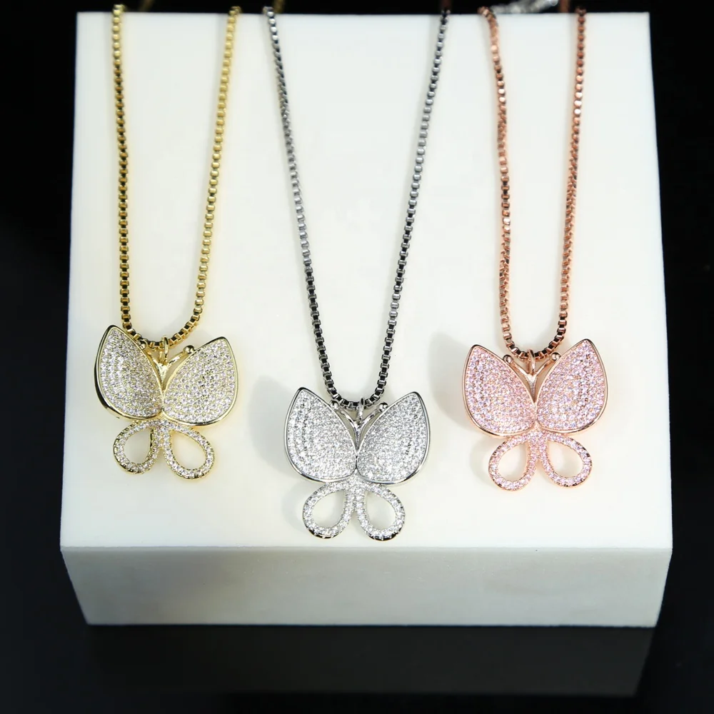 

Iced out Box Chain Butterfly Pendant Necklace With Cz Paved Rose gold Silver color Hip Hop Charm Necklace Jewelry For Women Gift, Black