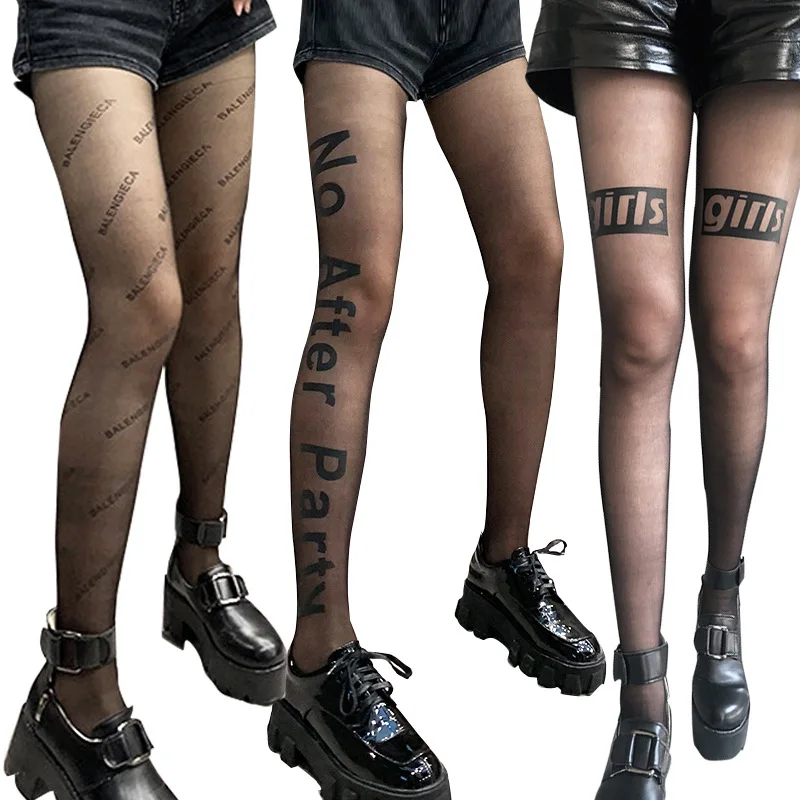 

Wholesale Women Sexy Black Stockings customize Fashion Letter Logo Print Tattoo Pantyhose Tights, Custom color