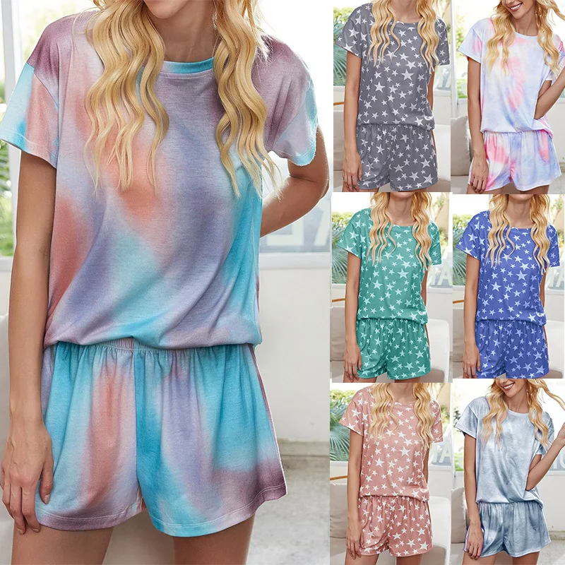 

2021 Summer Casual Printing tie-dye gradient star pajamas short-sleeved home service suit short pajama set women, As picture