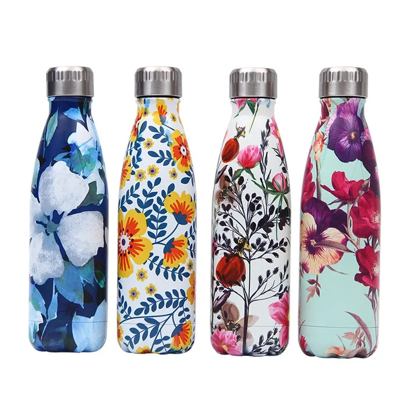 

H58  Double Walled Flower Pattern Printed Insulated Vacuum Travel Outdoor Sport Car 304 Stainless Steel Cola Bottle, Multi