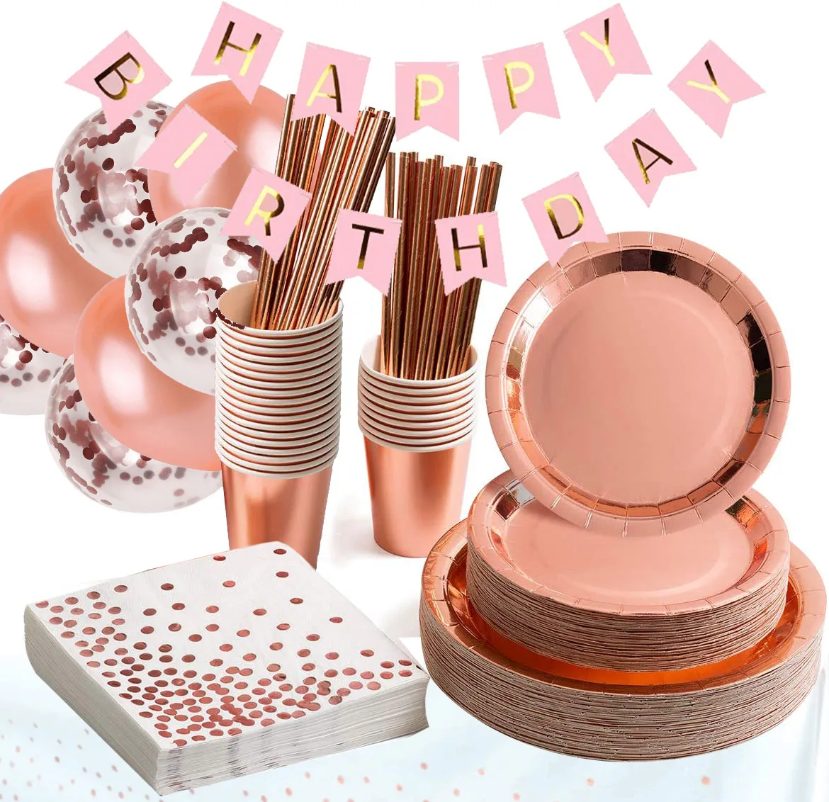 

HUIRAN Rose Gold Dot Disposable Paper Napkin Cup Tableware Party Disposable Paper Plate Dies Set, As picture