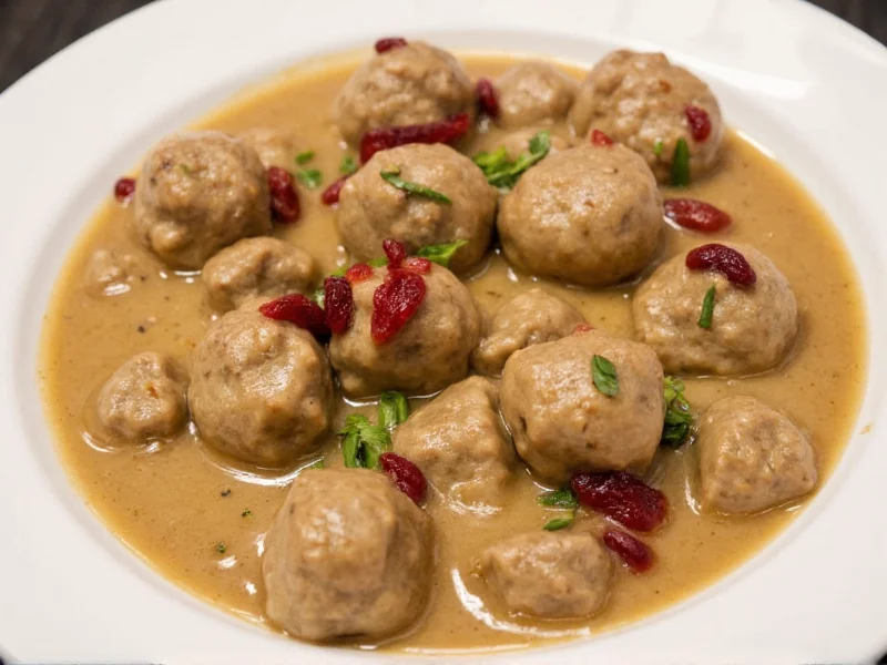 Homemade Swedish meatballs in creamy gravy with lingonberry