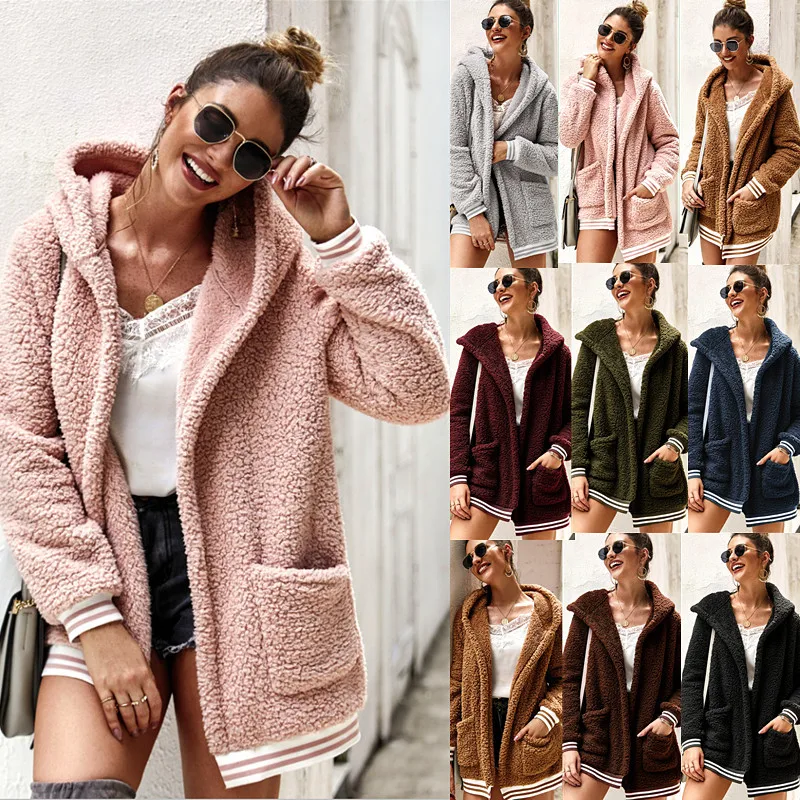 

Wholesale Faux Fur Coat Women's Hoodie Coats Solid Color Trendy Loose Women Clothing Full Sleeve Warm Coats For Ladies, Multi