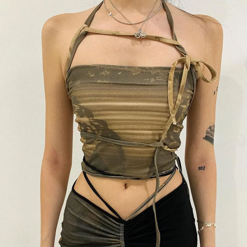 

Fairy Grunge Aesthetic Halter Tank Top Women Clothes Summer 2021 Sexy Print Cami Cyber Y2k Crop Tops Strapless Shirt Festival