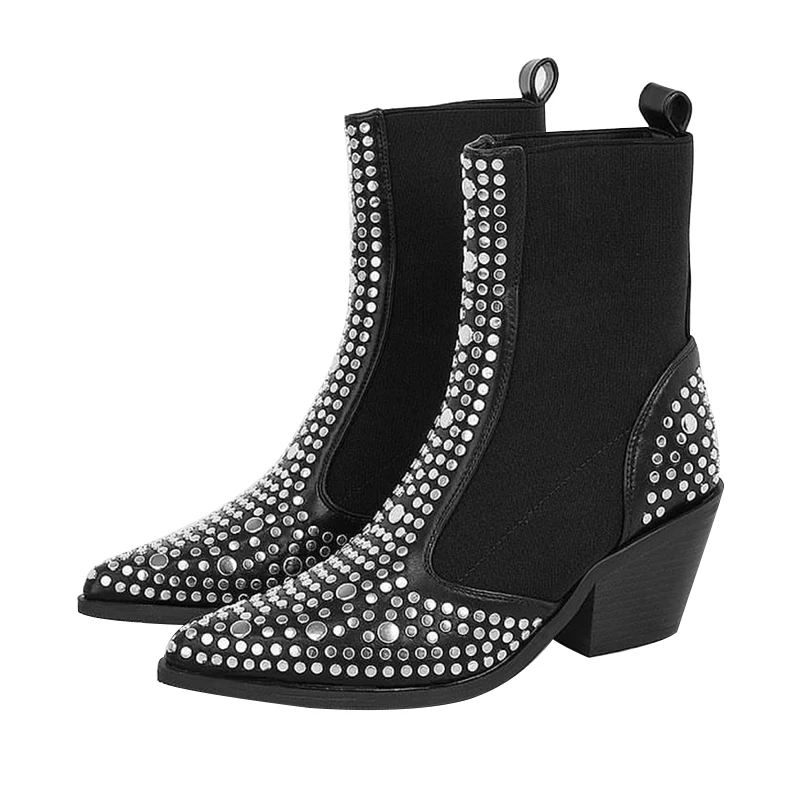 

Amazon AliExpress Hot Selling Sexy Ladies Designer Boots Black Square Heel Pointed Rivet Socks Boot Women And Ladies