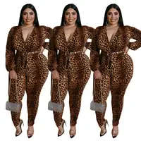 

DW910015 leopard long length belt bodycon jumpsuit Clothing Women Plus Size