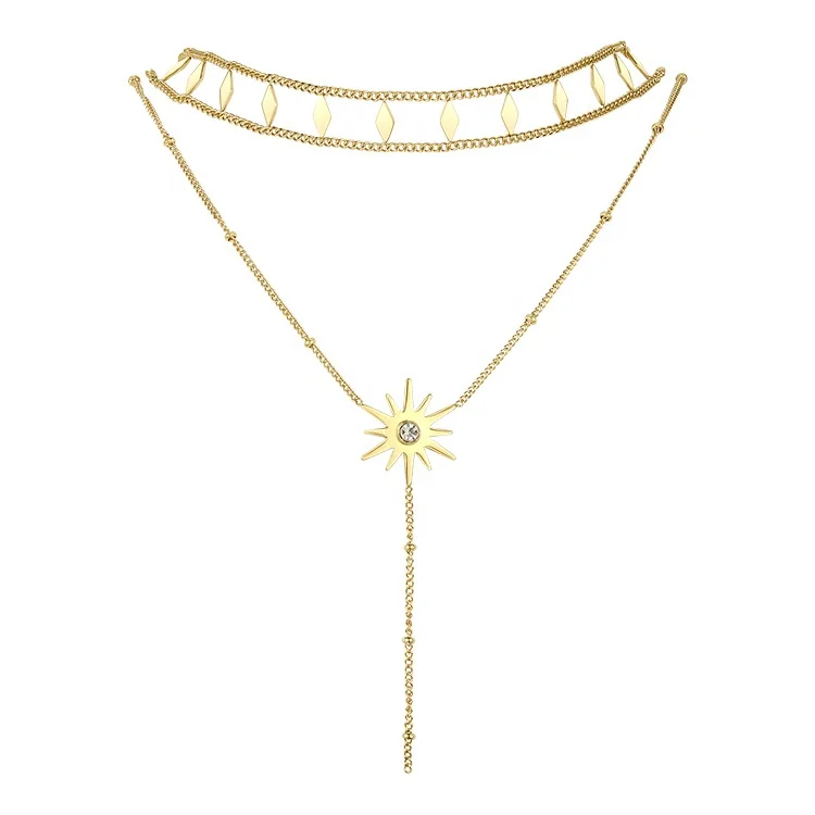 

High Quality 18K Gold Plated Stainless Steel Diamond array double chain necklace and sun pendant necklace set P203136