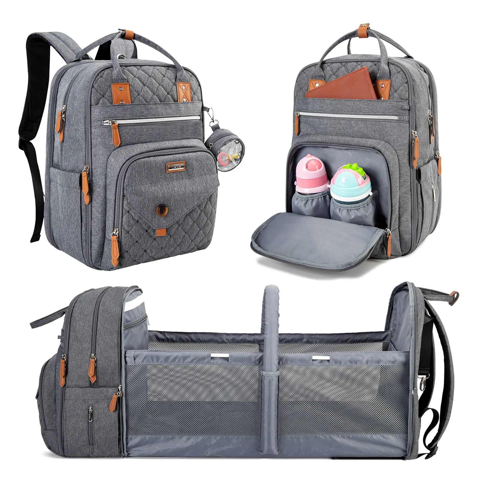

Custom 3 in 1 travel folding new baby diapers bags backpack foldable mommy diaper bag with changing bed and pacifier bag, Gray, oem