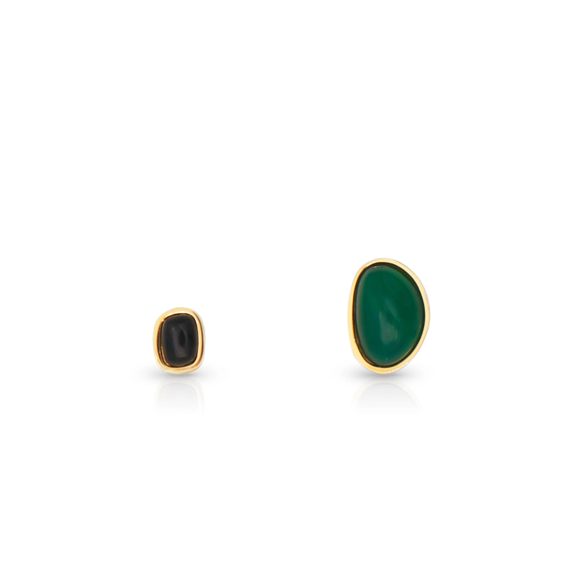 

Chris April Asymmetry design 316L stainless steel pvd gold plated water-proof black&green chalcedony gemstone stud earrings