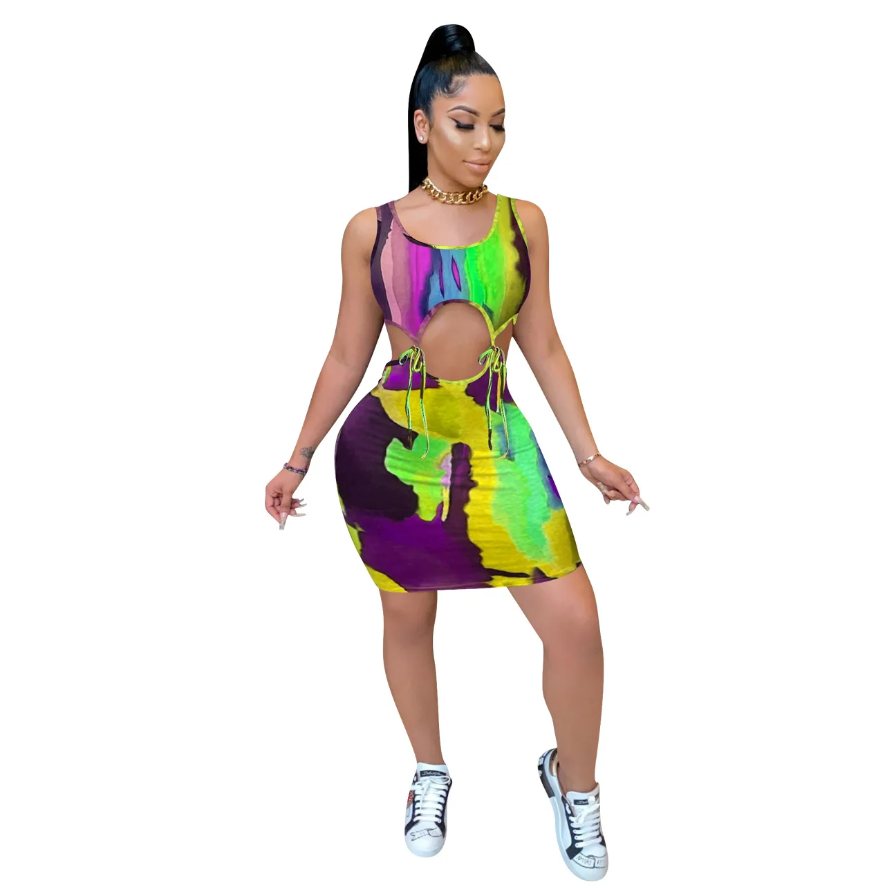 

U-neck vest style tight dress tie dye print bandage dress sexy hollow design miniskirt women's skirt dress