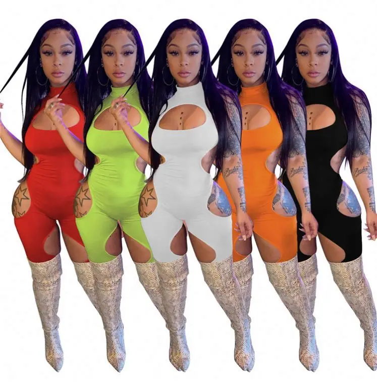 

Hot Selling 2021 Summer Solid Color Hollow Out Sexy Bodycon Short Jumpsuits Women One Piece Jumpsuits And Rompers