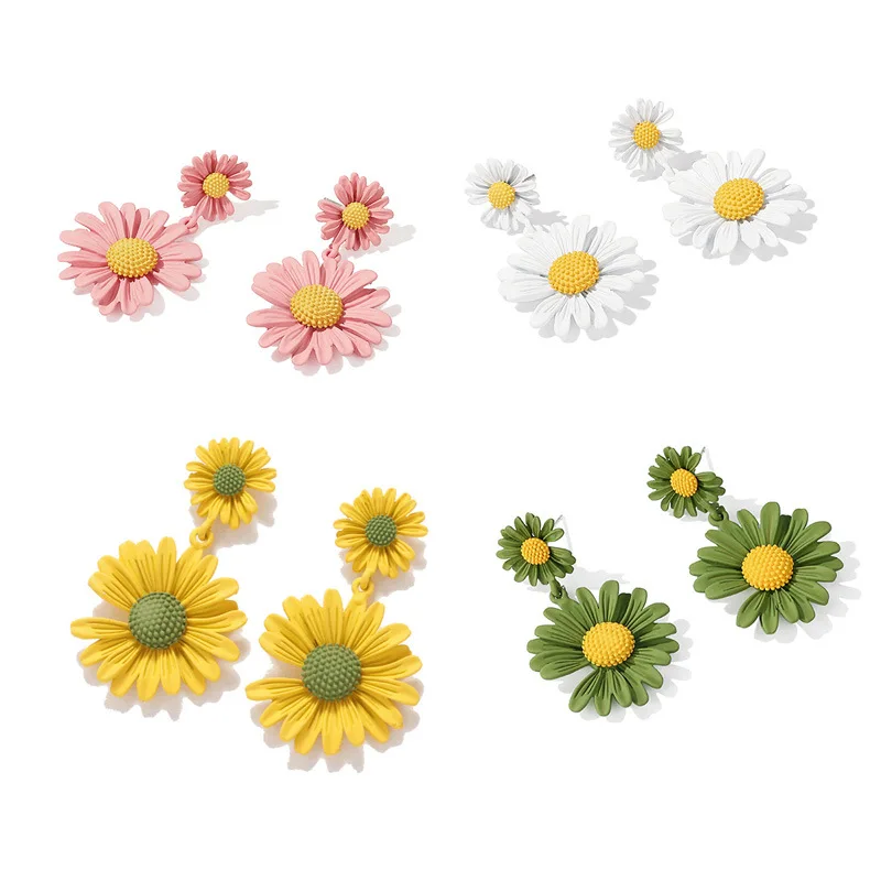 

2020 Hot Sale 925 Silver Post Summer Sweet Fresh Colorful Floral Flower Drop Earrings Double Color Daisy Flower Stud Earrings, As pictures