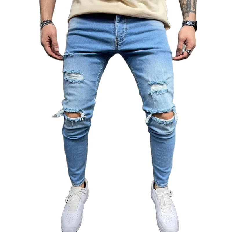

2022 Hot Sale Fashion Ripped Destroyed Trousers New Design Slim Men Casual Denim Blue Rugged Jeans Pants, Med blue