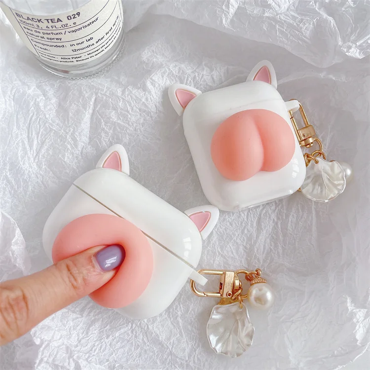 

2021 New Cute Cat Design Soft Release Stress Cases with Pearl lanyard Earphone Protective Cover Case for Apple Airpods 1 2 Pro