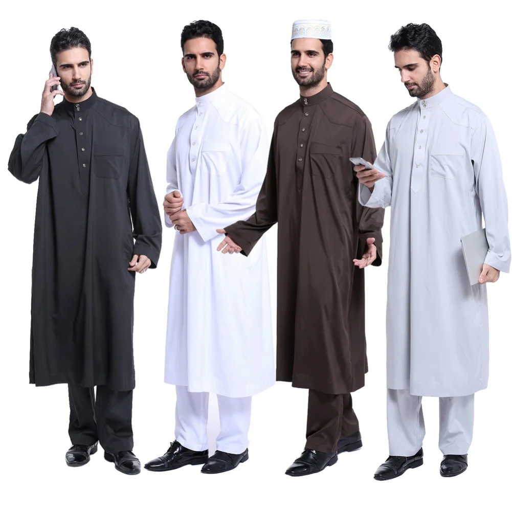 

2021 Middle Eastern Dubai Arabic Robe Plain Thawb Islam Man Clothing Kaftan Long Sleeve Thobe Muslim Dress with Pants