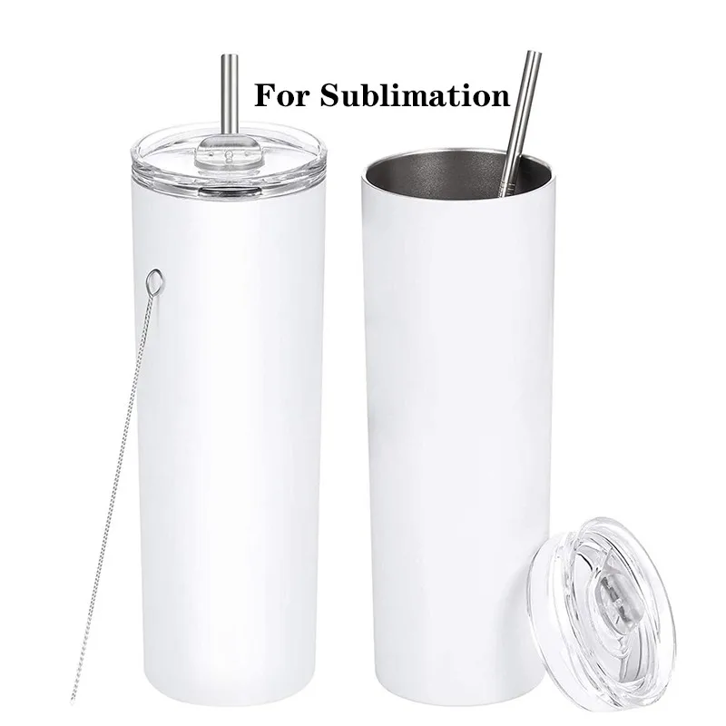 

20oz Double Wall Vaccum Insulated Stainless Steel Water Cup Mug 20 oz Sublimation Blanks Skinny Tumbler With Slid Lid and Straw, White tumbler for sublimation