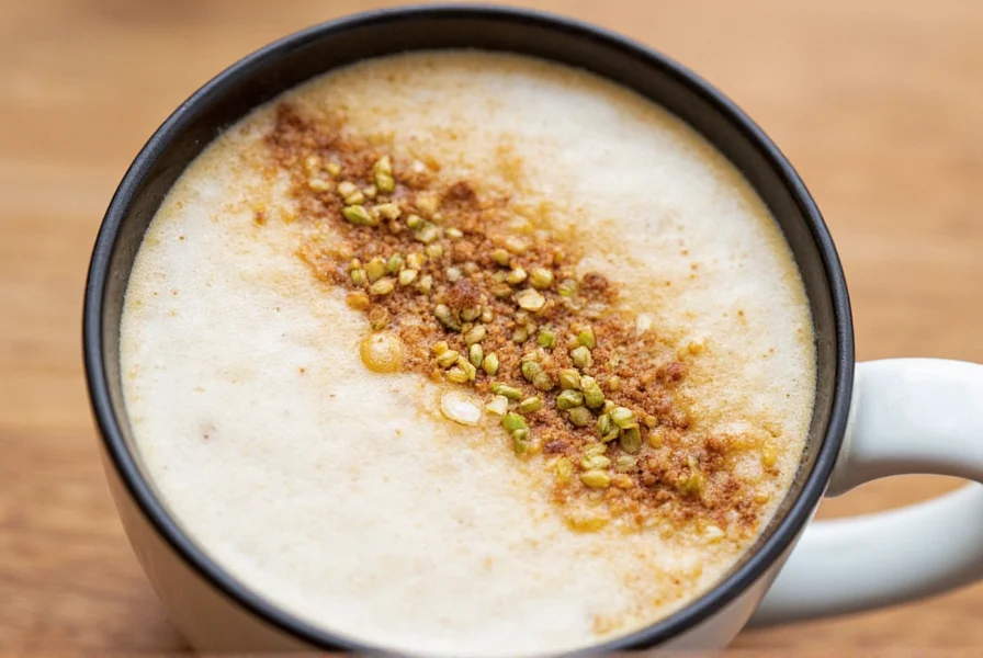 Close-up of freshly cracked green cardamom pods next to espresso cup and steamed milk pitcher