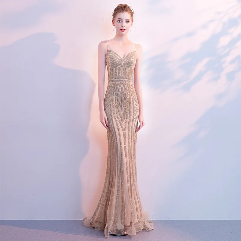 

Banquet evening dress female 2021 new elegant sexy fishtail sling long slim host dress women, Picture show