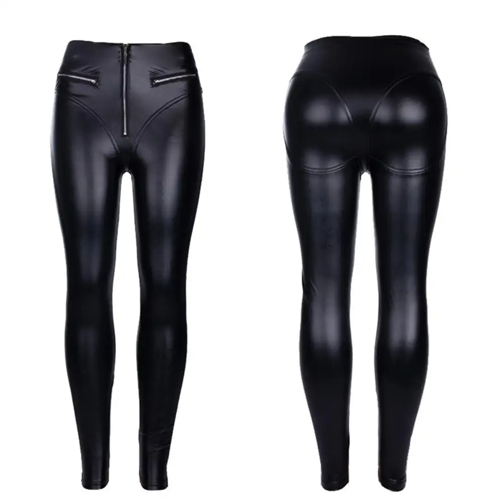 

Wholesales Slim fit Shiny Black Ankle Length 4 way stretch pu tights casual zip pocket push up faux leather leggings for women