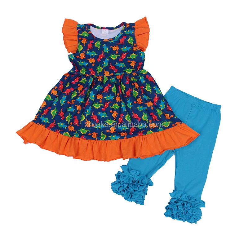 

Custom Summer Baby Set Flying Dress Top Blue Ruffle Tank Pants Dinosaur Girl Outfits, Picture