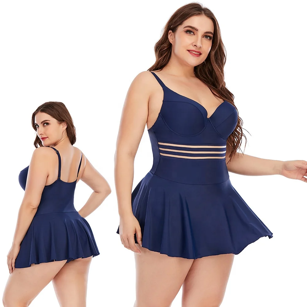 

Spot Wholesale 2021 Summer Fat Women Plus Size One-Piece Skirt Swimsuit Solid Color Plus Size Swimwear