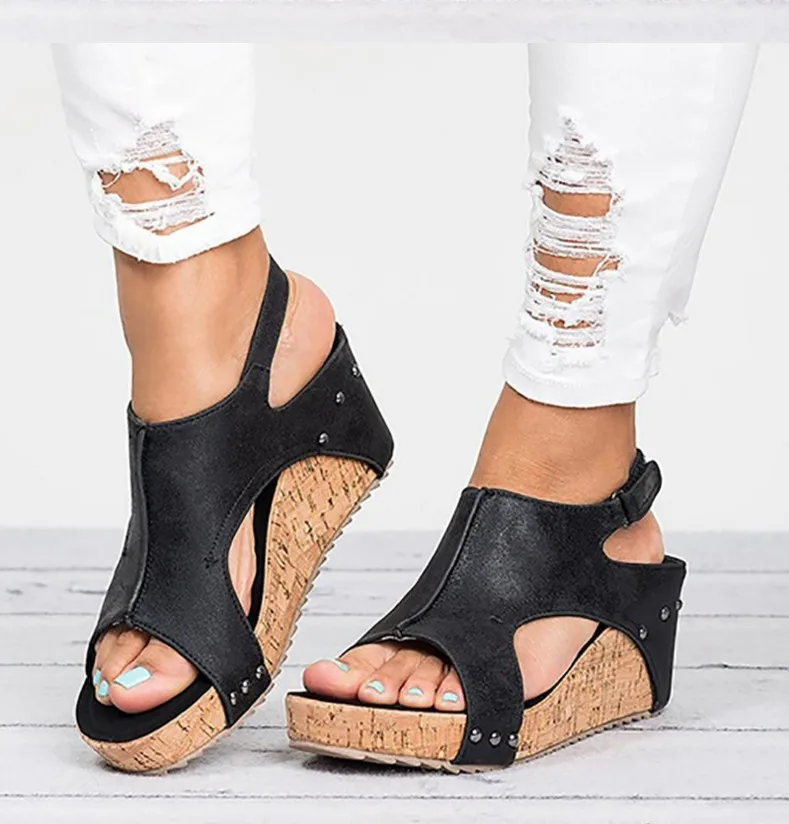 

Dropshipping Casual Street Ladies Wedge Sandals Solid Color Fish Mouth Open Toe Rivet Ankle Strap Women Summer Sandals