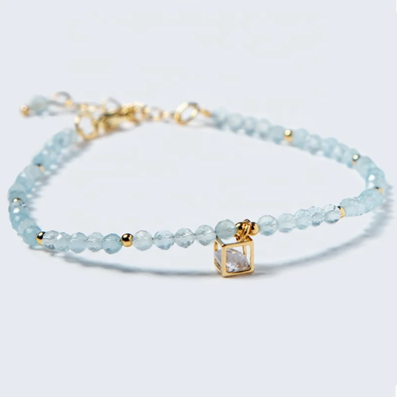 

Bestone Wholesale Hot Sale Jewelry Making Custom Gold Plated Charm Natural Stone Beads Aquamarine Bracelet for Women