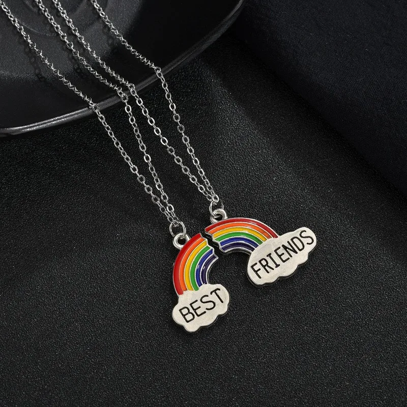 

Beautiful Lady Cute Jewelry Best Friends Metal Rainbow Engraved Pendant Necklaces 2 Pcs/set, Alloy