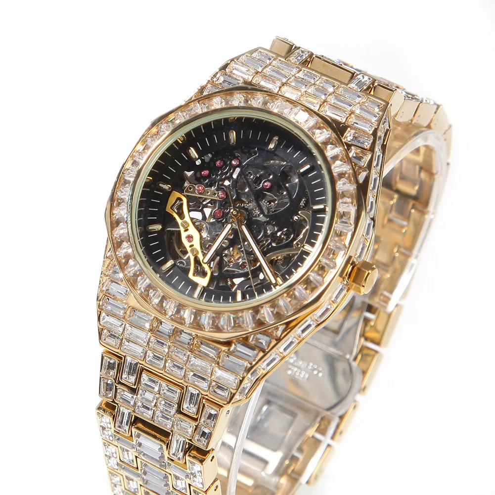 

Mechanical Luxury Baguette cz Watches Yellow Gold Shine Stainless Steel Watch Quality Business Watch