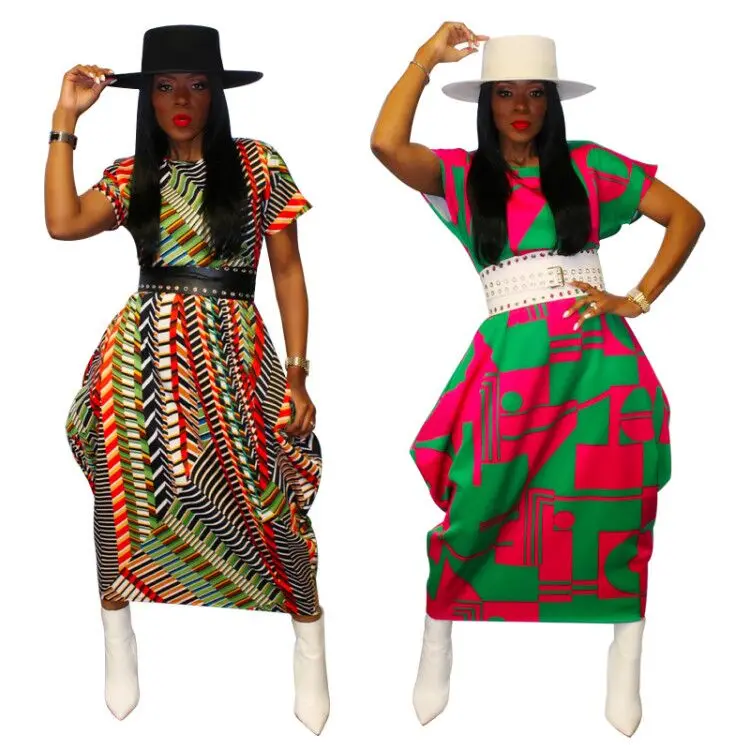 

2021 New Arrival Short Sleeve Print Summer Plus Size Long African Casual Dress Womens, Green, colorful
