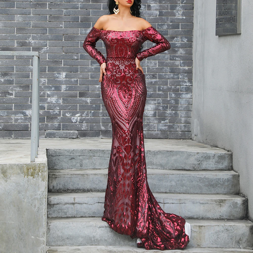 

Women's Dress One-shoulder Sexy Elegant Sequin Banquet Red Carpet Long-length Dress, Red or customize