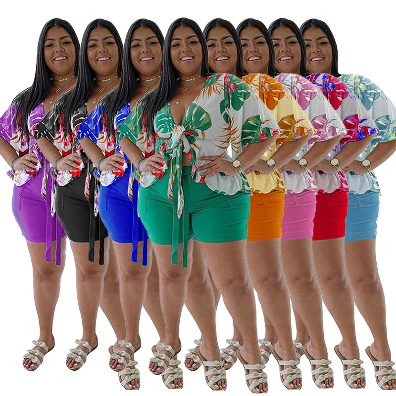 

H9272 - 2022 summer top and shorts fashion casual plus size printed women short pants two piece set