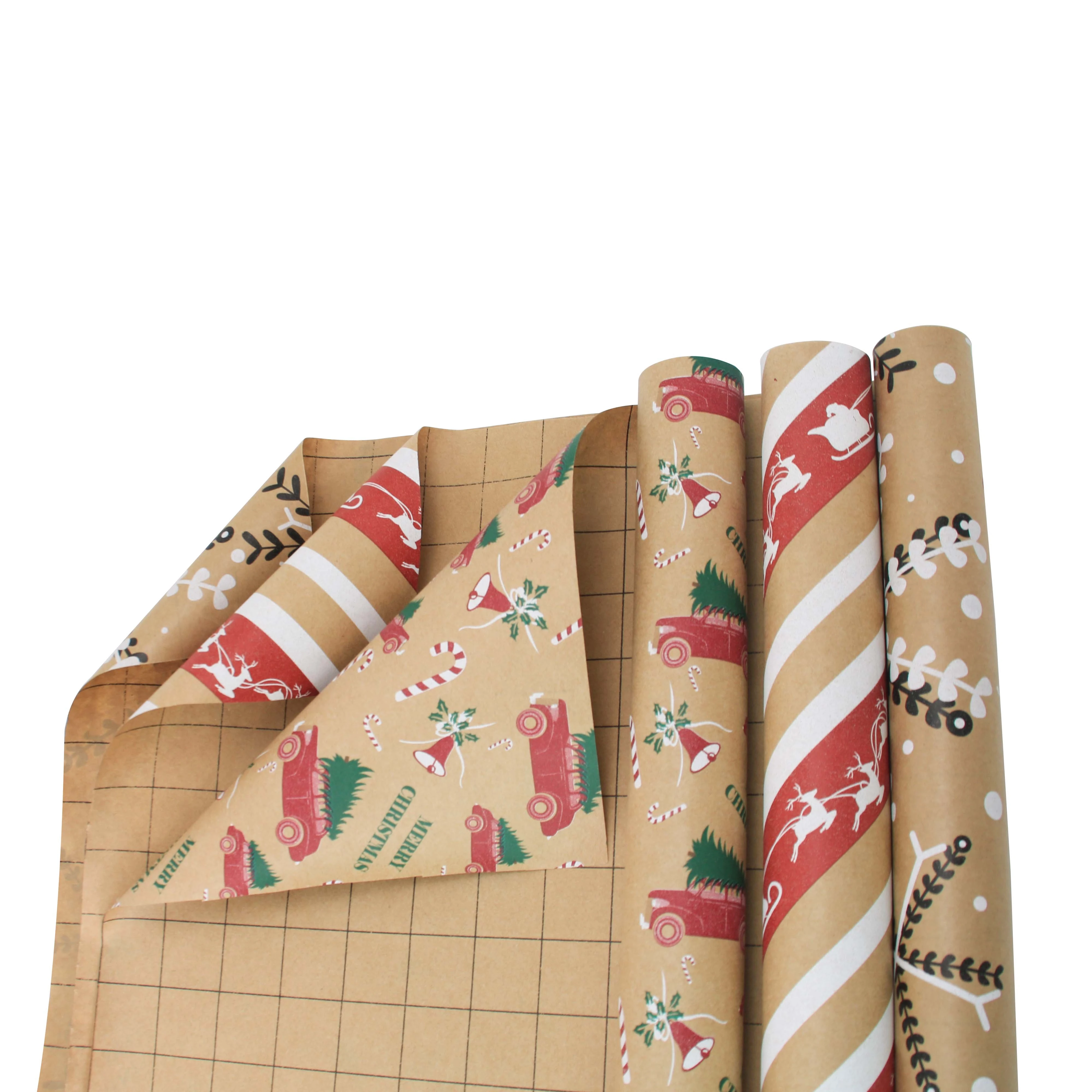 

3 roll -30inch*46feet per roll wrapping paper Christmas Brown kraft paper with red and green pattern for Christmas elements6