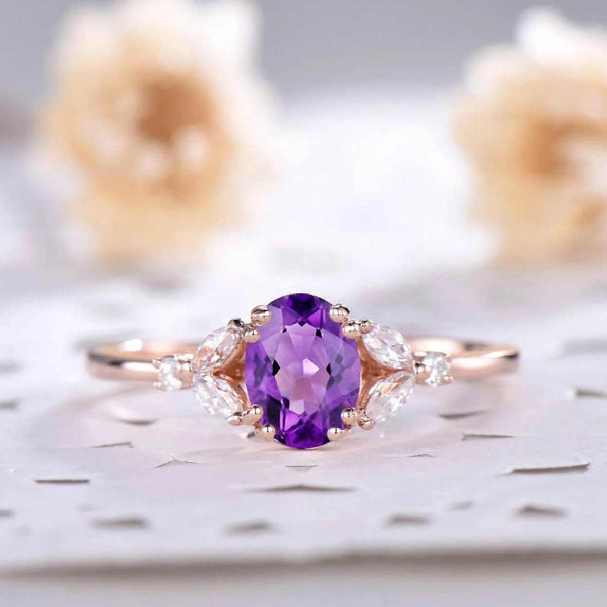 

14k Sterling Silver Rose Gold Marquise CZ Diamond Antique Art Deco Women Natural Oval Amethyst Engagement Ring